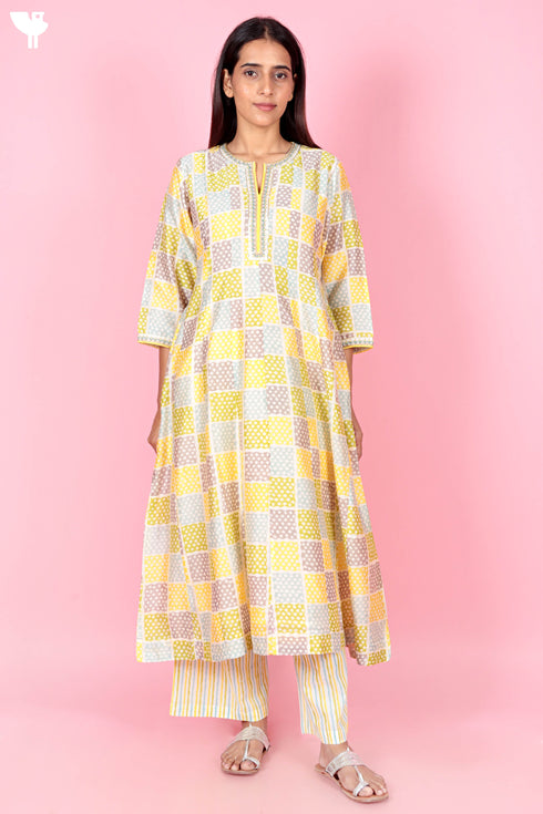 Chanderi Silk Kurta Pant Set With Dupatta Block Print